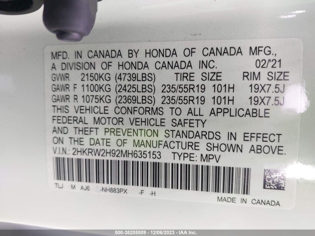 Honda Cr-v Awd Touring 2021 2HKRW2H92MH635153 Image 9