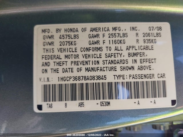 2008 HONDA ACCORD 3.5 EX-L VIN: 1HGCP36878A083845