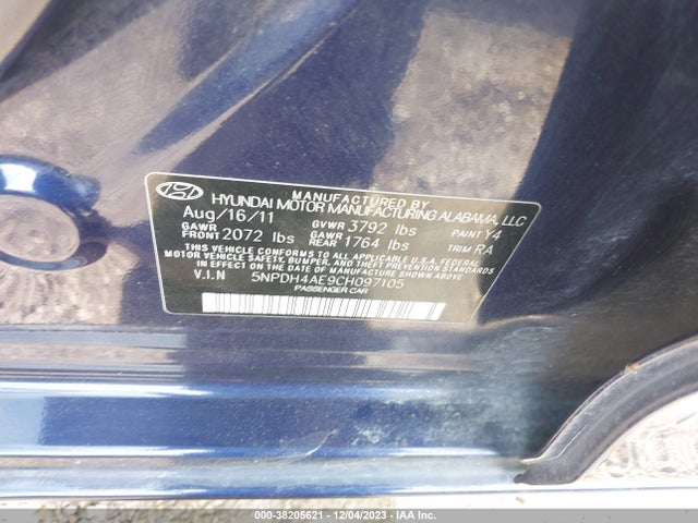 2012 HYUNDAI ELANTRA GLS VIN: 5NPDH4AE9CH097105