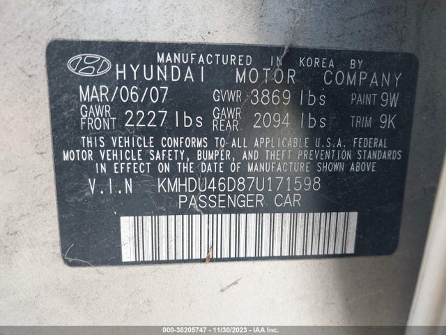 2007 HYUNDAI ELANTRA LIMITED/GLS/SE VIN: KMHDU46D87U171598