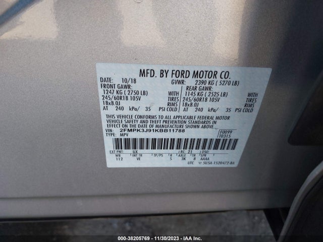 2019 FORD EDGE SEL VIN: 2FMPK3J91KBB11788