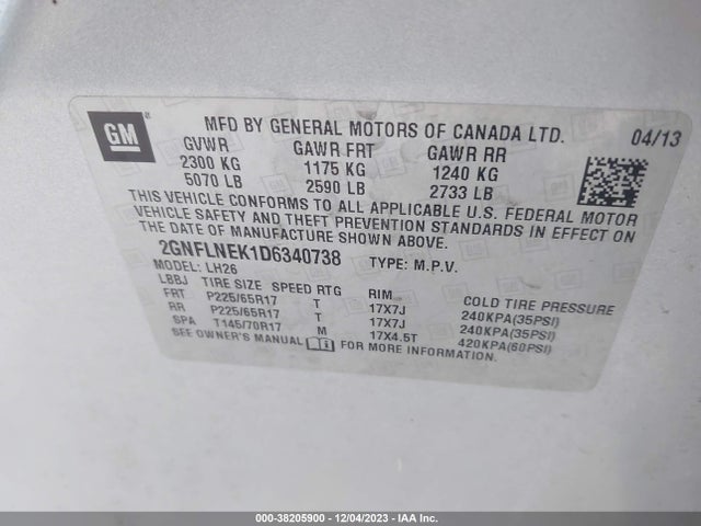 2013 CHEVROLET EQUINOX 2LT VIN: 2GNFLNEK1D6340738