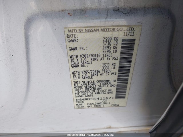 2012 NISSAN FRONTIER SV VIN: 1N6AD0ER3CC411621