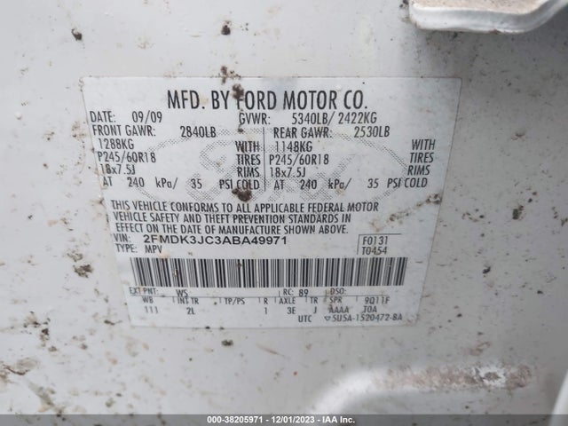 2010 FORD EDGE SEL VIN: 2FMDK3JC3ABA49971