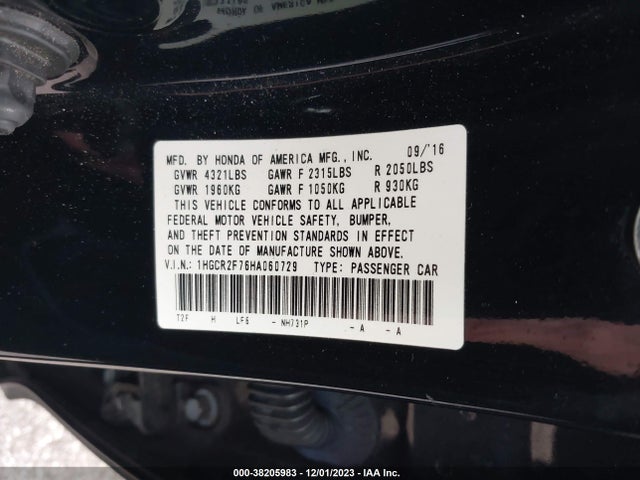 2017 HONDA ACCORD EX VIN: 1HGCR2F76HA060729