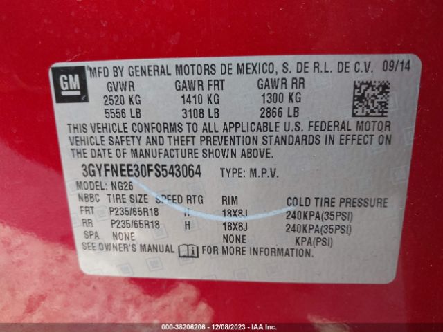 3GYFNEE30FS543064 Cadillac Srx Luxury Collection