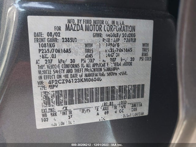 Продажа на аукционе авто 2003 Mazda Tribute Es V6, vin: 4F2CZ96123KM06040, номер лота: 38206212