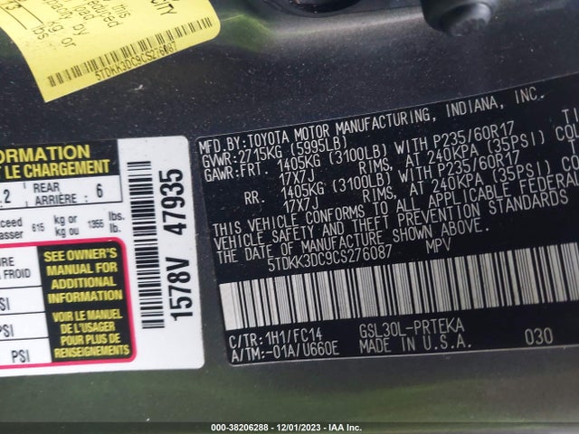 2012 TOYOTA SIENNA LE V6 8 PASSENGER VIN: 5TDKK3DC9CS276087