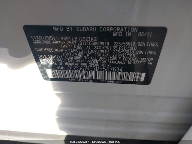 2021 SUBARU FORESTER SPORT VIN: JF2SKARC3MH547634