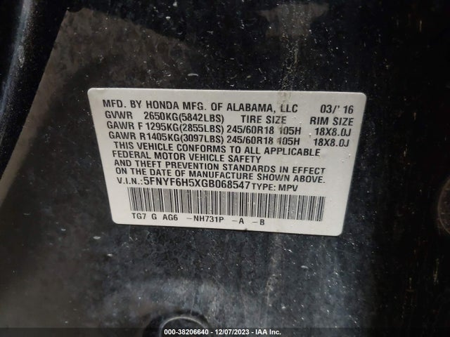 Honda Pilot Ex-l 2016 5FNYF6H5XGB068547 Image 9
