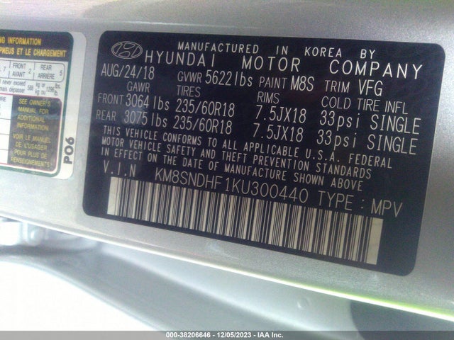 2019 HYUNDAI SANTA FE XL SE VIN: KM8SNDHF1KU300440