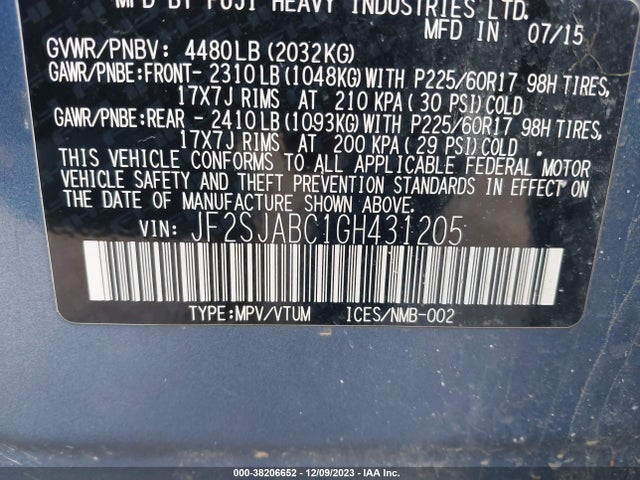 2016 SUBARU FORESTER 2.5I VIN: JF2SJABC1GH431205