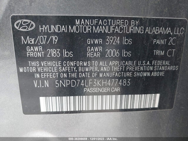 2019 HYUNDAI ELANTRA SE VIN: 5NPD74LF3KH477483