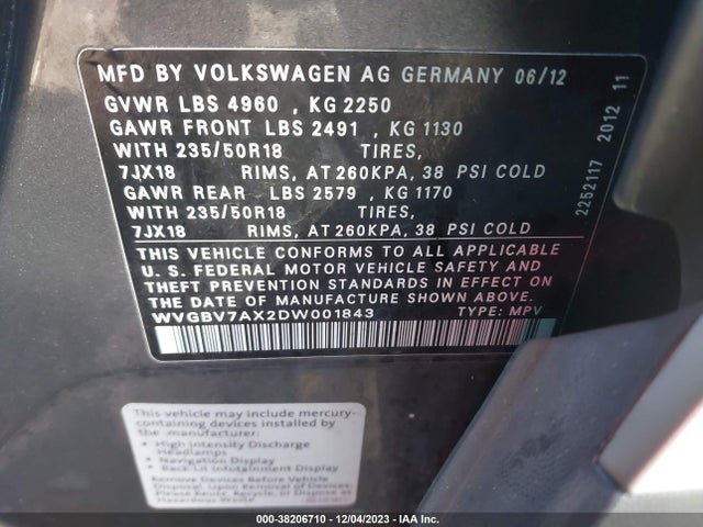 2013 VOLKSWAGEN TIGUAN SE VIN: WVGBV7AX2DW001843
