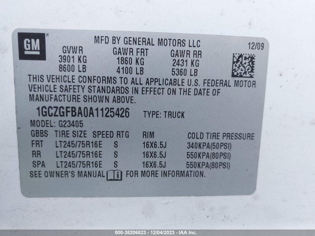 2010 CHEVROLET EXPRESS 2500 WORK VAN VIN: 1GCZGFBA0A1125426