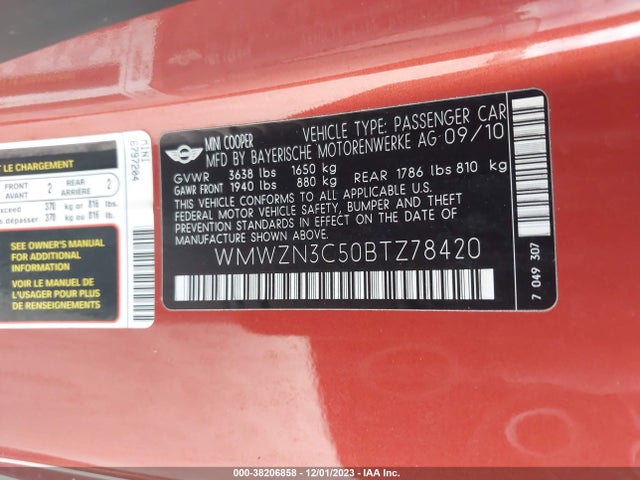 2011 MINI COOPER WMWZN3C50BTZ78420 Photo 8
