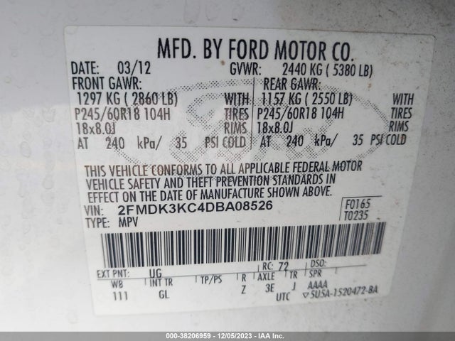 2013 FORD EDGE LIMITED VIN: 2FMDK3KC4DBA08526