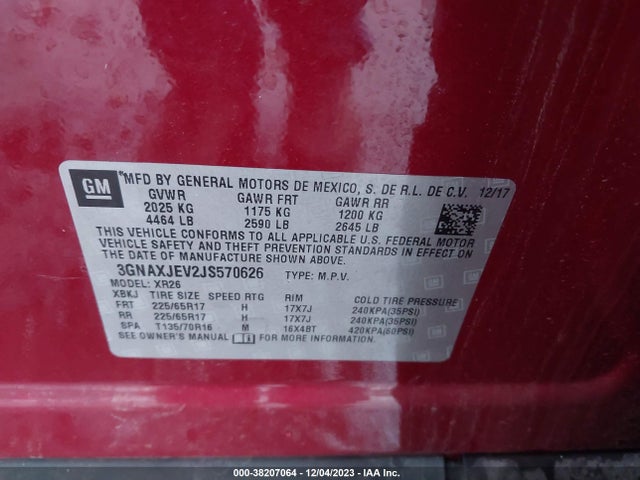 2018 CHEVROLET EQUINOX LT VIN: 3GNAXJEV2JS570626