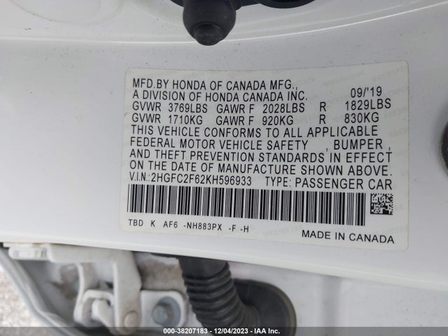Honda Civic Lx 2019 2HGFC2F62KH596933 Image 9