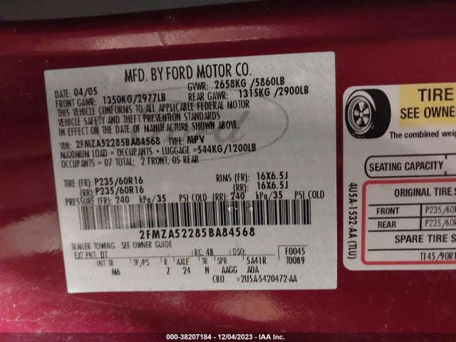 2005 FORD FREESTAR SEL VIN: 2FMZA52285BA84568