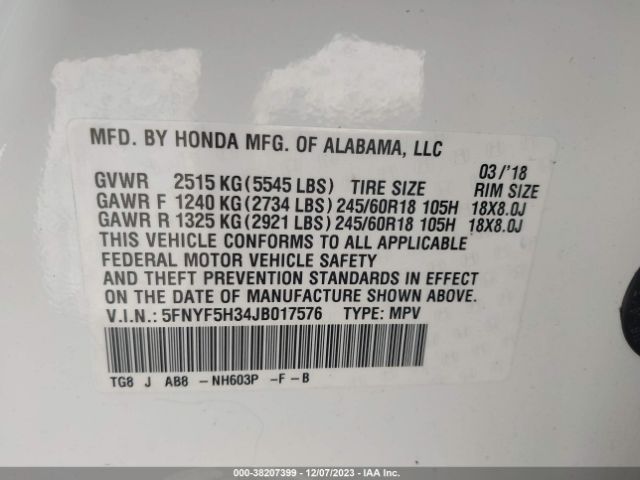 5FNYF5H34JB017576 Honda Pilot Ex