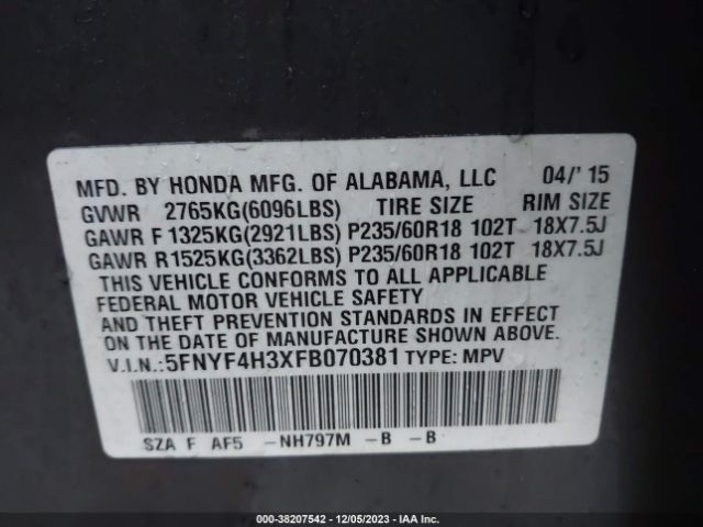 5FNYF4H3XFB070381 Honda PILOT SE