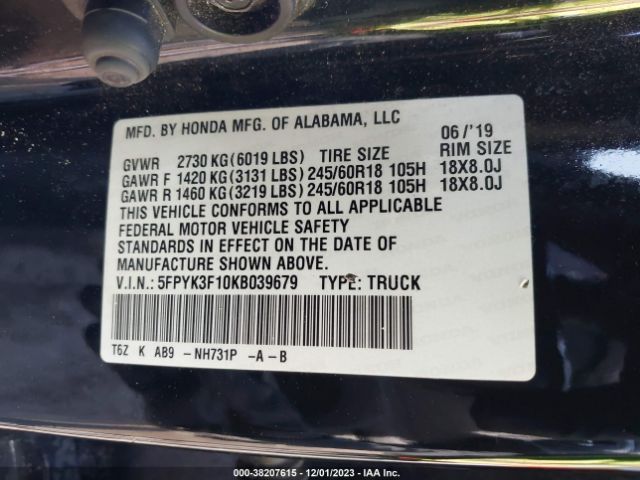5FPYK3F10KB039679 Honda Ridgeline Sport