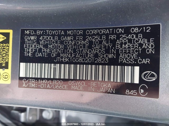2013 LEXUS ES 350 VIN: JTHBK1GG8D2012823
