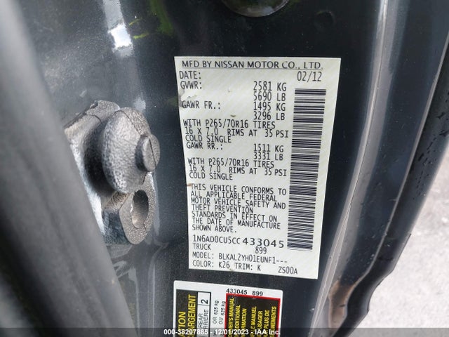 2012 NISSAN FRONTIER SV VIN: 1N6AD0CU5CC433045
