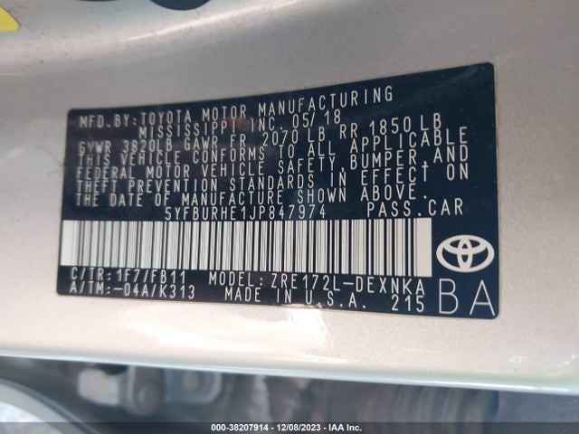 Toyota COROLLA LE 2018 5YFBURHE1JP847974 Image 9