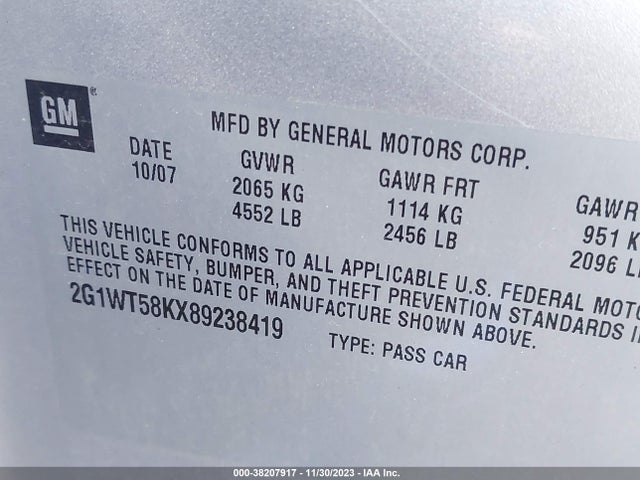 2008 CHEVROLET IMPALA LT VIN: 2G1WT58KX89238419