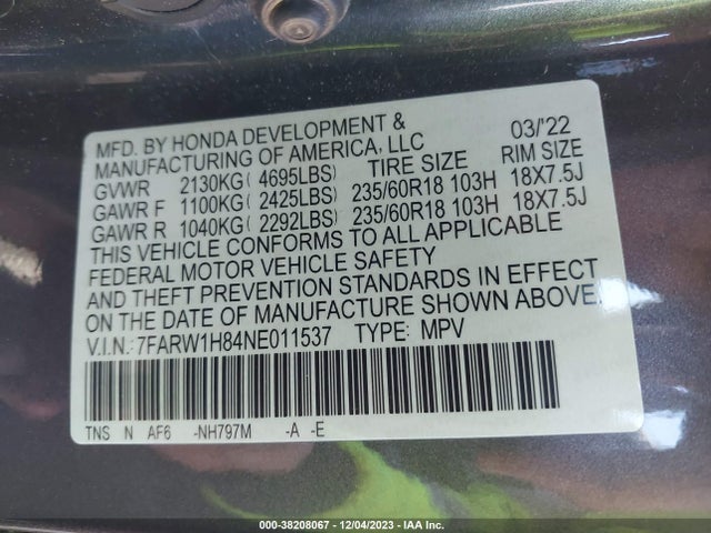 2022 HONDA CR-V 2WD EX-L VIN: 7FARW1H84NE011537