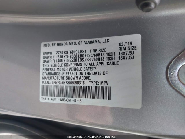 Honda Odyssey Ex-l 2019 5FNRL6H73KB090316 Image 9