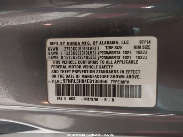 2014 HONDA ODYSSEY TOURING/TOURING ELITE VIN: 5FNRL5H94EB130466