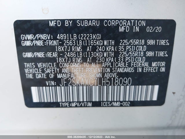 2020 SUBARU FORESTER TOURING VIN: JF2SKAXC7LH518090