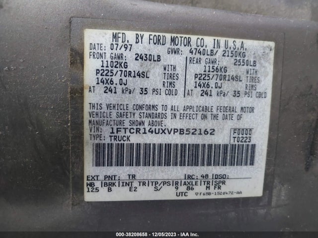 1997 FORD RANGER SPLASH/XL/XLT VIN: 1FTCR14UXVPB52162