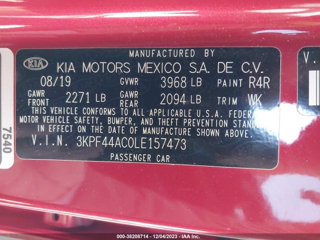 2020 KIA FORTE GT VIN: 3KPF44AC0LE157473