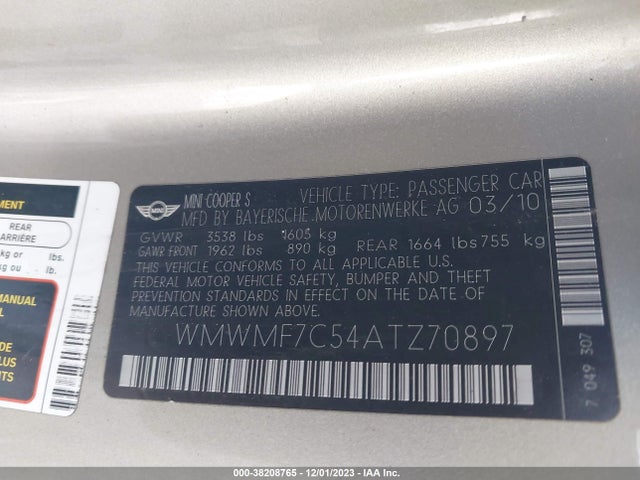 2010 MINI COOPER S WMWMF7C54ATZ70897 Photo 8