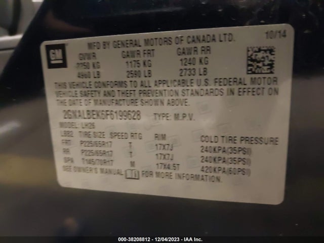 Chevrolet EQUINOX 1LT 2015 2GNALBEK6F6199628 Image 9