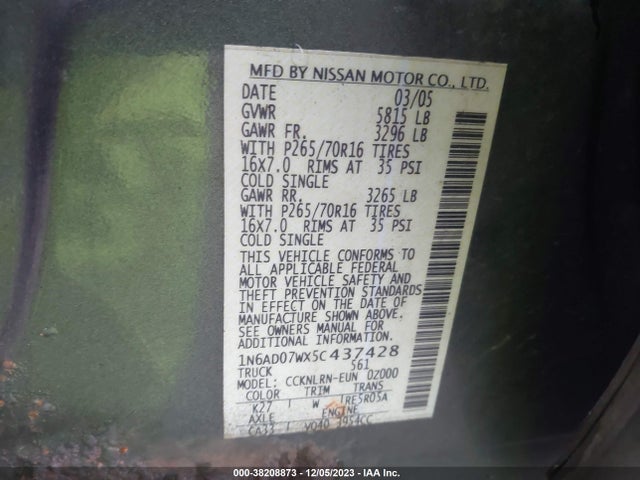 2005 NISSAN FRONTIER SE VIN: 1N6AD07WX5C437428