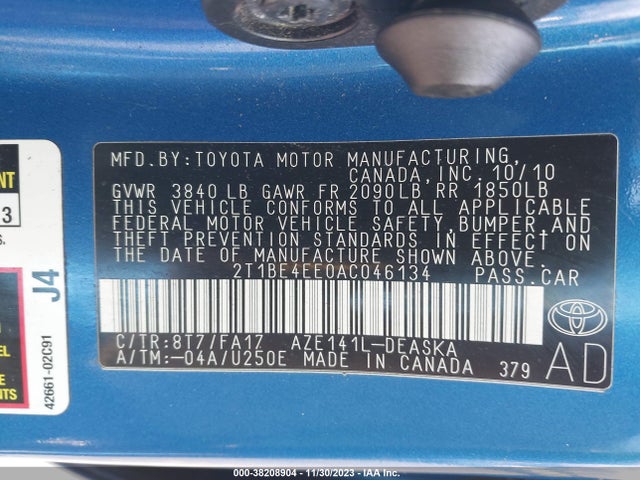 2010 TOYOTA COROLLA XRS VIN: 2T1BE4EE0AC046134
