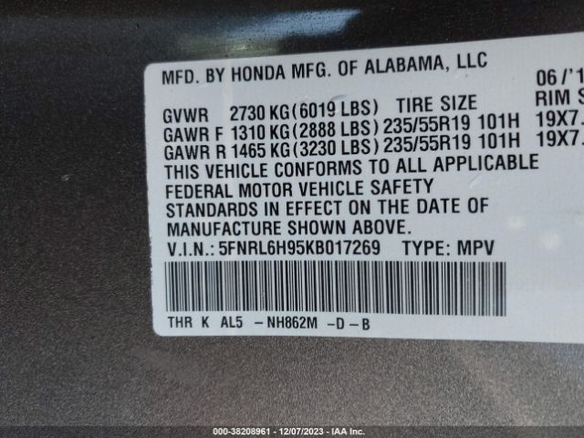 5FNRL6H95KB017269 Honda Odyssey Elite