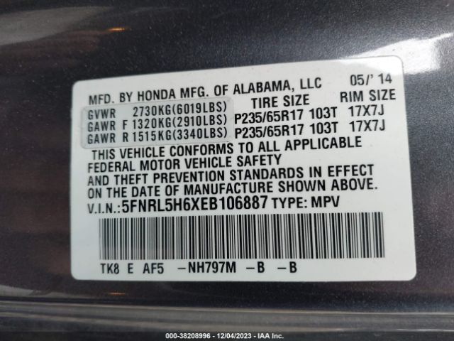 5FNRL5H6XEB106887 Honda Odyssey Ex-l