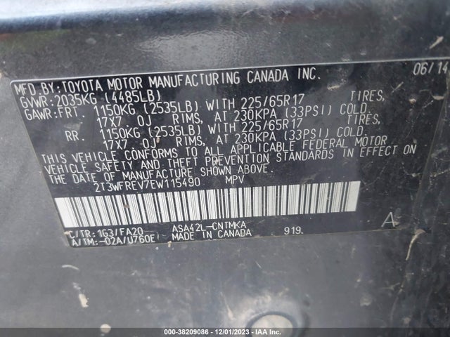 2014 TOYOTA RAV4 XLE VIN: 2T3WFREV7EW115490