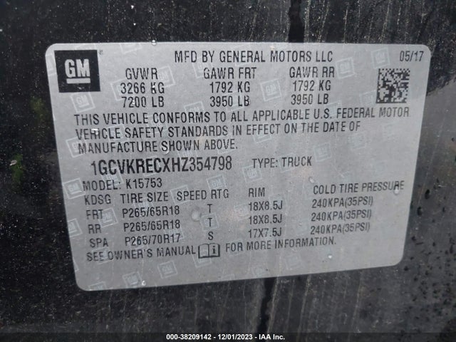 2017 CHEVROLET SILVERADO 1500 2LT VIN: 1GCVKRECXHZ354798