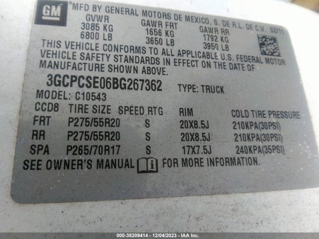 2011 CHEVROLET SILVERADO 1500 LT VIN: 3GCPCSE06BG267362