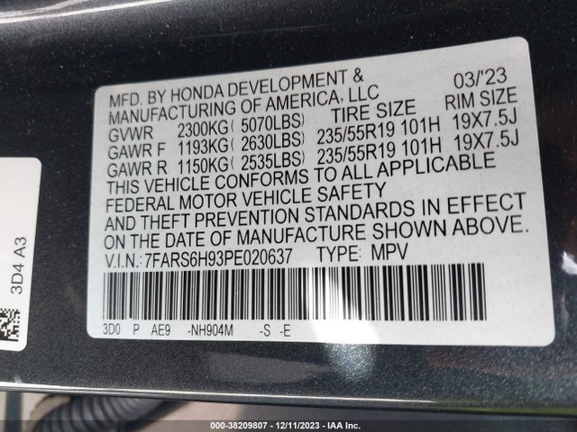2023 HONDA CR-V HYBRID SPORT TOURING VIN: 7FARS6H93PE020637