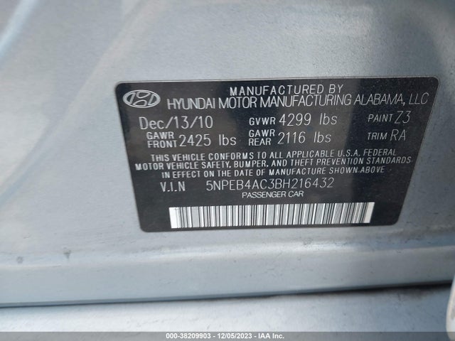 2011 HYUNDAI SONATA GLS VIN: 5NPEB4AC3BH216432