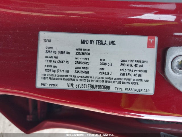 2018 TESLA MODEL 3 PERFORMANCE/LONG RANGE VIN: 5YJ3E1EB6JF083600