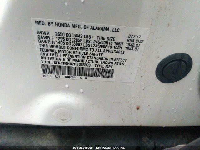 Honda Pilot Ex-l 2017 5FNYF6H52HB055020 Image 9